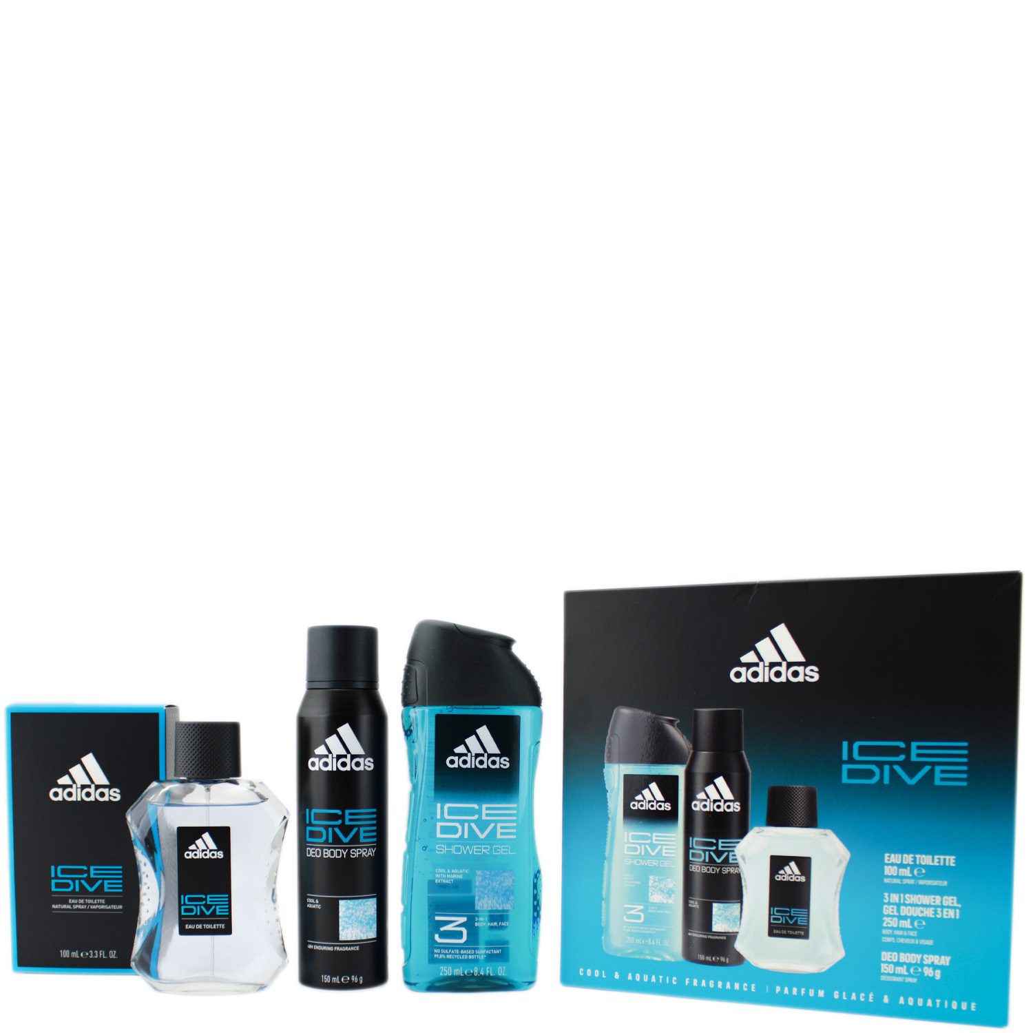 Adidas Ice Dive Set Eau de Toilette 100ml, Deodorant Bodyspray 150ml & Shower Gel 250ml Adidas Ice Dive Set Eau de Toilette 100ml, Deodorant Bodyspray 150ml & Shower Gel 250ml