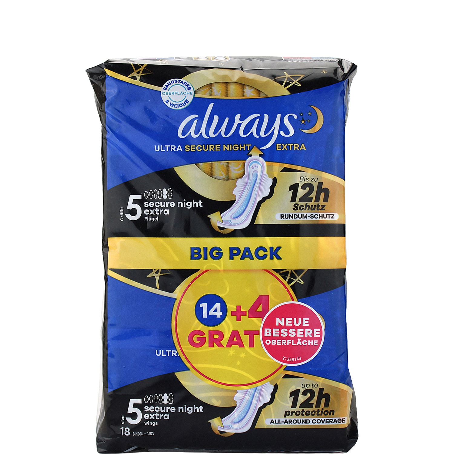 Always Ultra Secure Night Extra Binden mit Flügeln 14er-Pack + 4 Binden GRATIS
