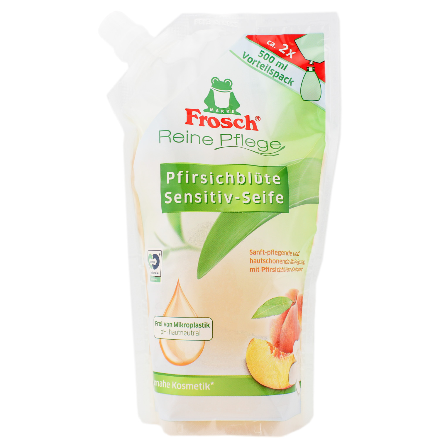 Frosch Reine Pflege Pfirsichblüte Sensitive-Seife im Nachfüllbeutel 500ml Frosch Reine Pflege Pfirsichblüte Sensitive-Seife im Nachfüllbeutel 500ml