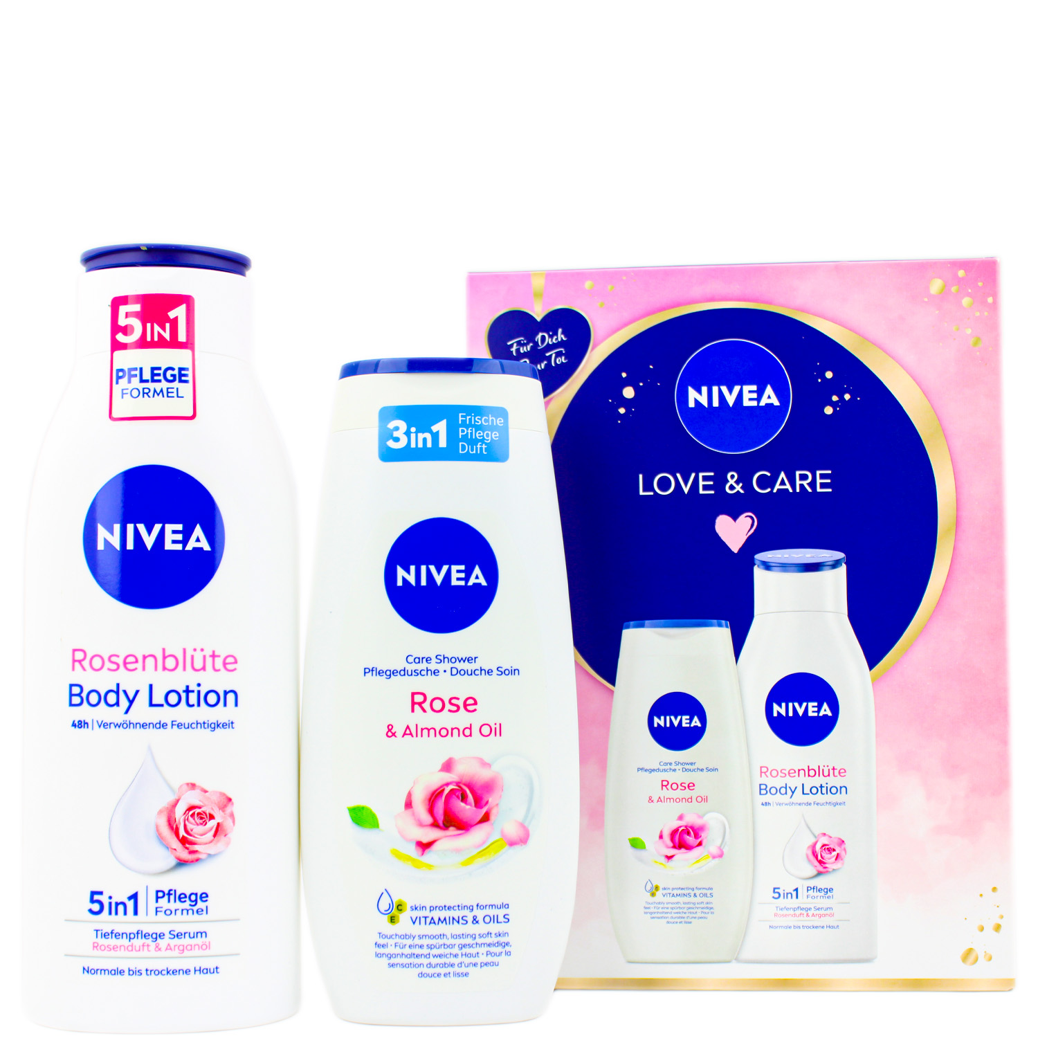 Nivea Love & Care Set Rosenblüten Body Lotion 400ml & Rose & Almond Oil Pflegedusche 250ml