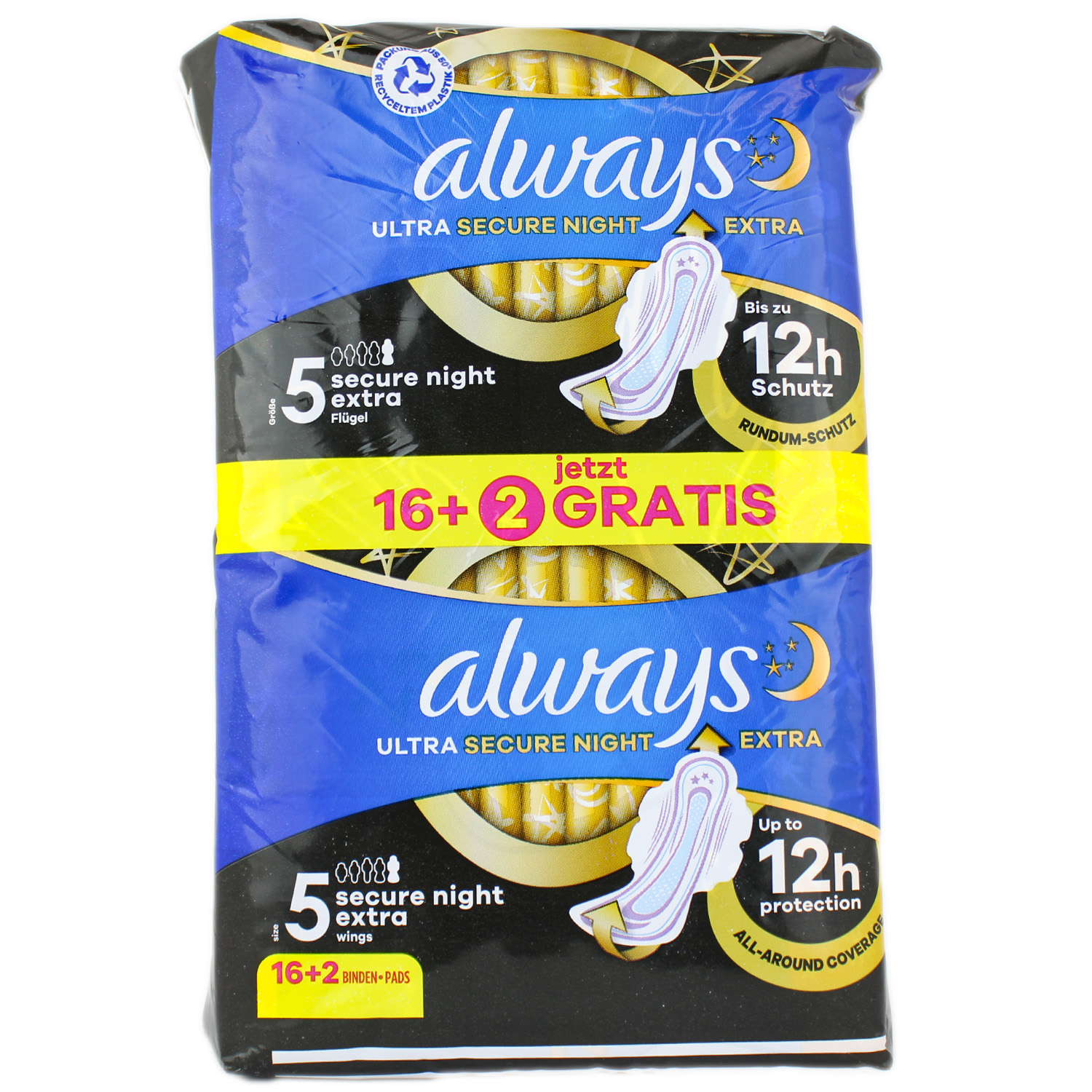 Always Ultra Secure Night Extra Binden mit Flügeln 16er-Pack + 2 GRATIS