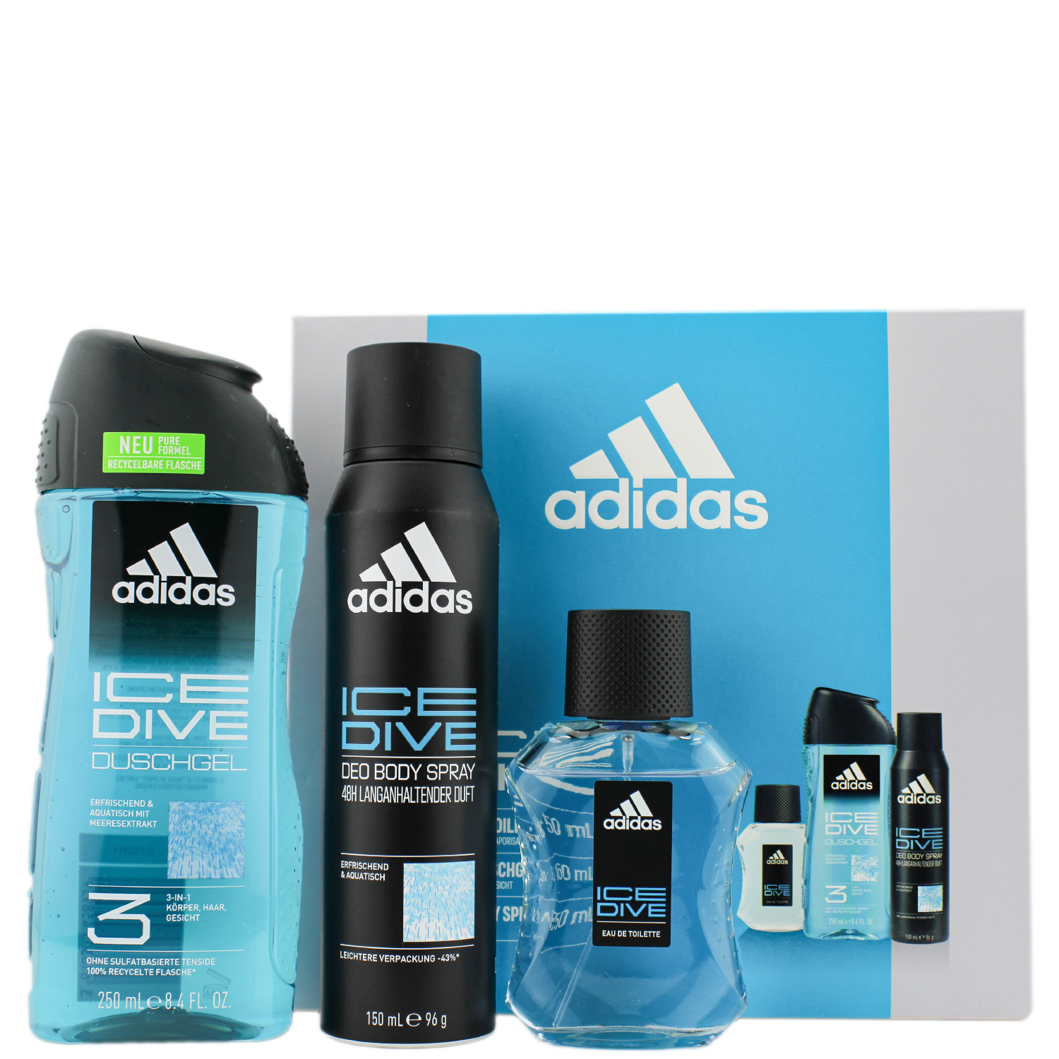 Adidas Ice Dive Set Eau de Toilette 50ml, Deodorant Bodyspray 150ml & Shower Gel 250ml