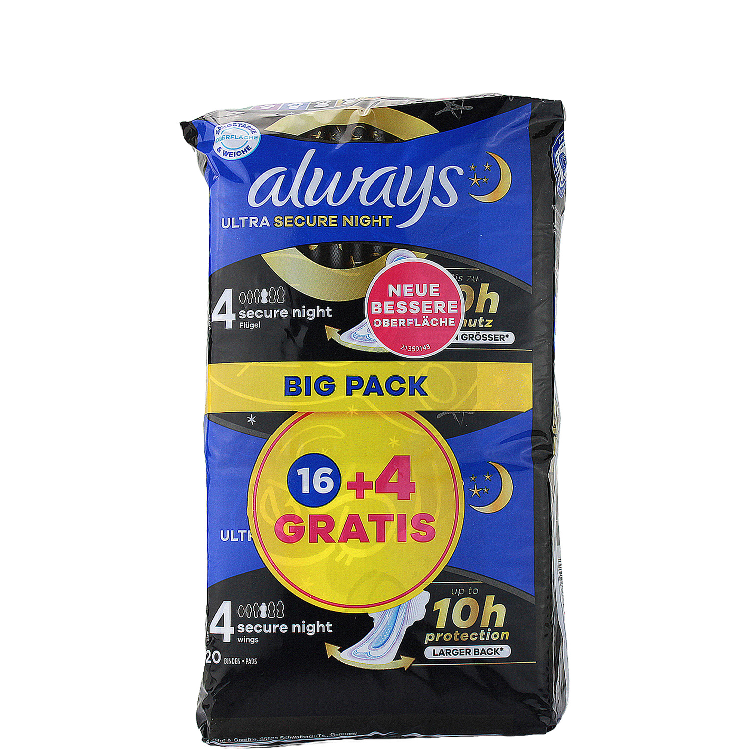 Always Ultra Secure Night Binden mit Flügeln 16er-Pack + 4 Binden GRATIS