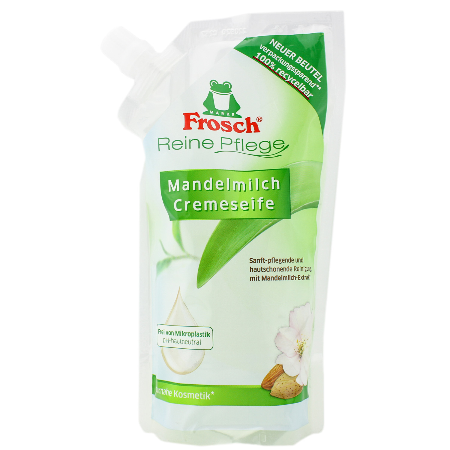 Frosch Reine Pflege Mandelmilch Cremeseife im Nachfüllbeutel 500ml Frosch Reine Pflege Mandelmilch Cremeseife im Nachfüllbeutel 500ml
