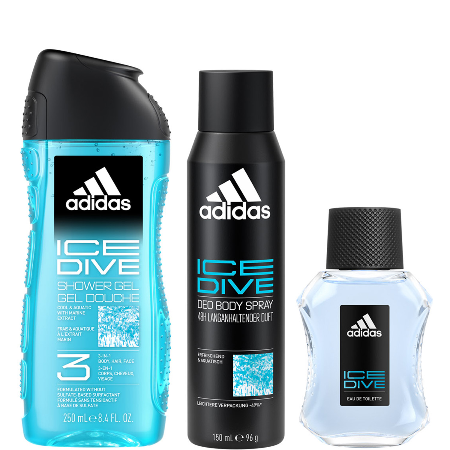 Adidas Ice Dive Set Eau de Toilette 50ml, Deodorant Bodyspray 150ml & Shower Gel 250ml