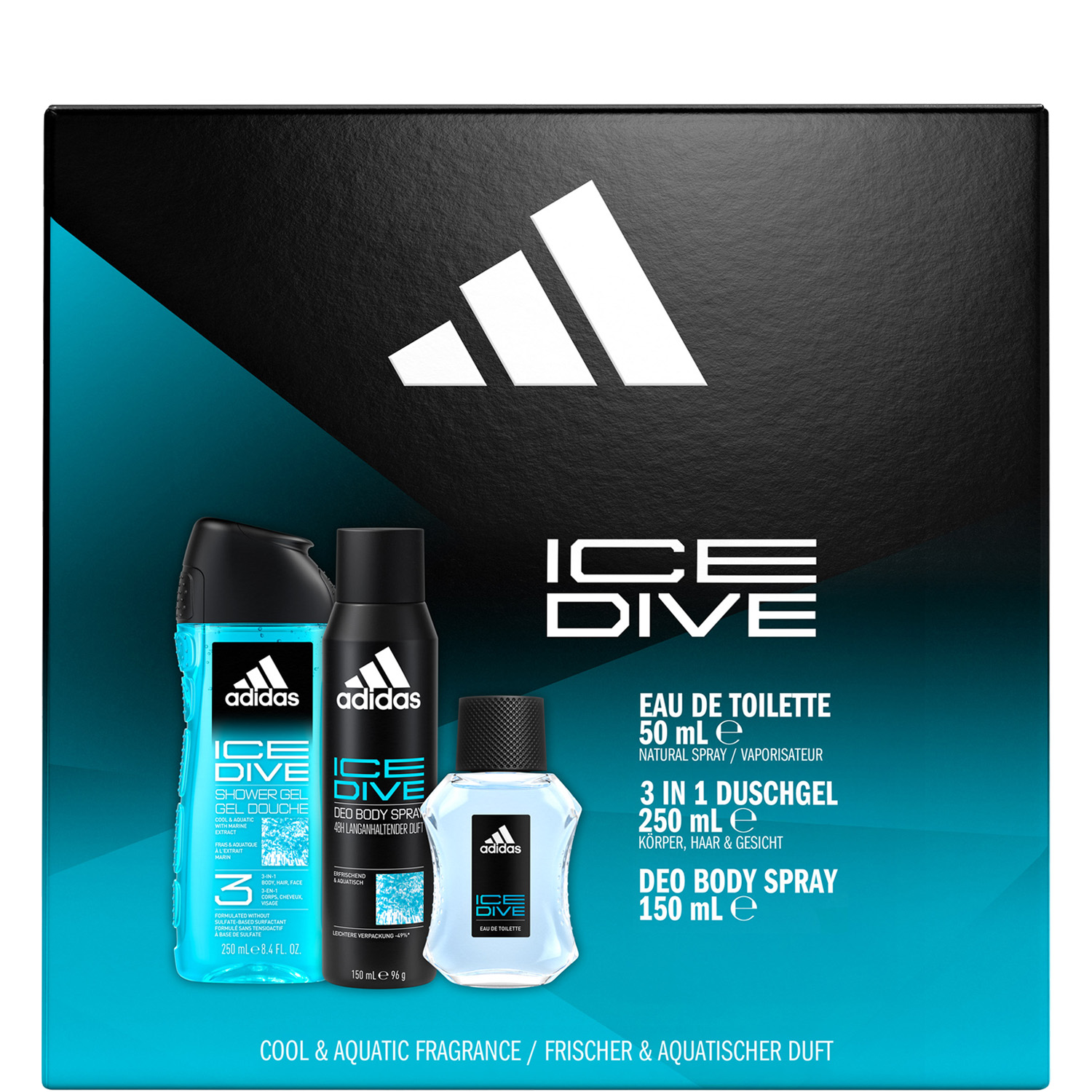 Adidas Ice Dive Set Eau de Toilette 50ml, Deodorant Bodyspray 150ml & Shower Gel 250ml