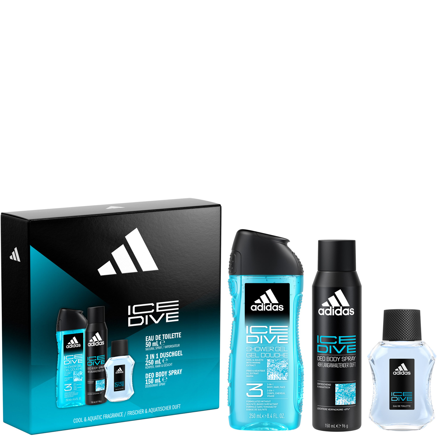 Adidas Ice Dive Set Eau de Toilette 50ml, Deodorant Bodyspray 150ml & Shower Gel 250ml